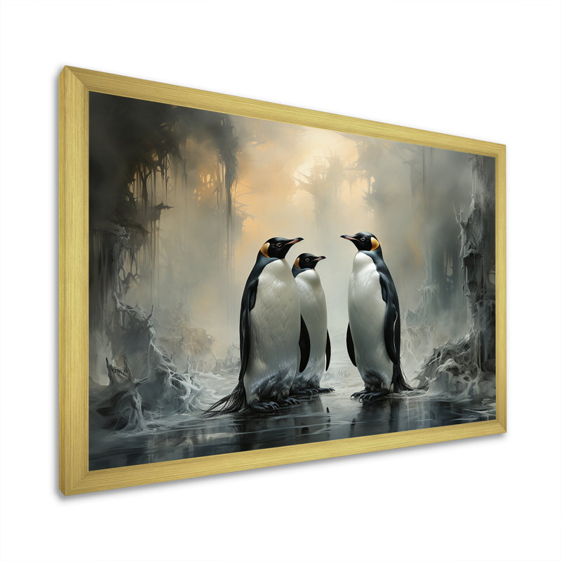 Élégance de famille pingouin dans la neige - décoration murale pingouin, Cadre photo doré simple, H 16 po x l 32 po x P 1 po