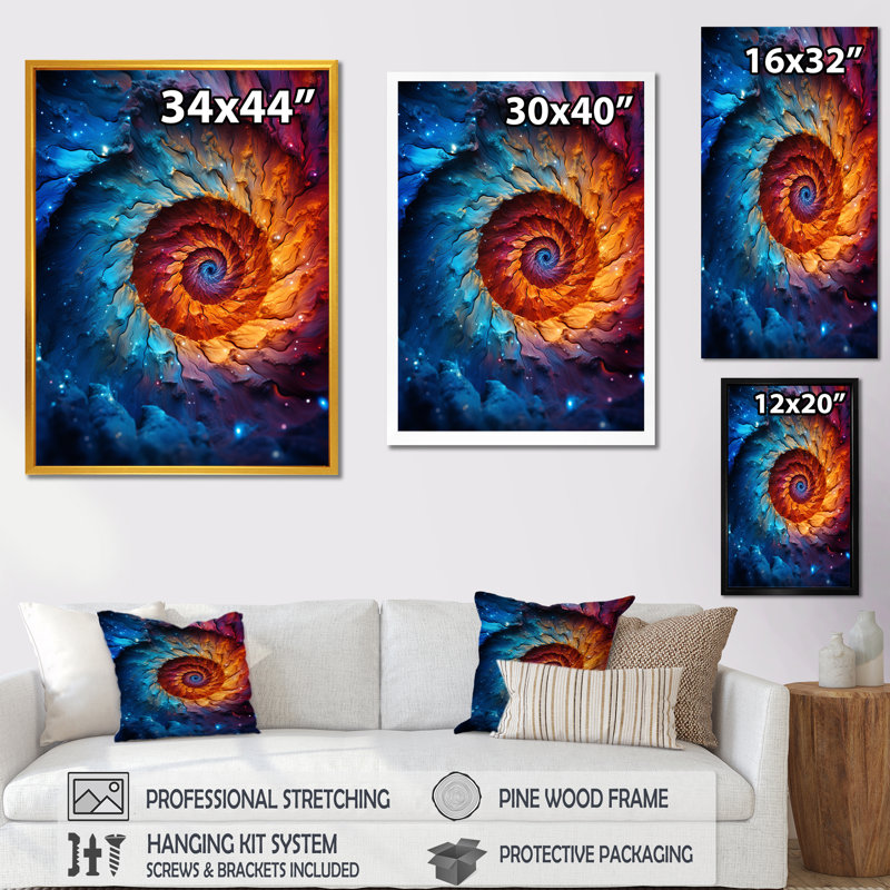 «Colorful Space Fractal Vortex I», impression d'art mural fractal, Cadre flottant noir, 60" H x 28" W