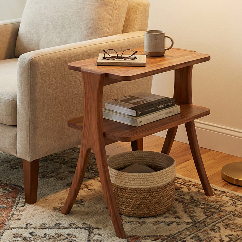 Wood End Table, Slim Sofa Side Table with 2-Tier Storage Shelf