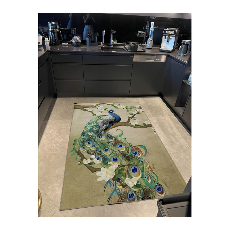Tapis décoratif moderne vert à motif de paon surré vert, Rectangle 5'1" x 7'7" Rug Pad Included