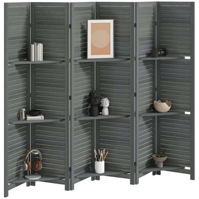Room Divider, 6 Panel 67" Tall Wood Privacy Screen with 3 Display Shelves, and Folding Storage for Bedroom or Home Office