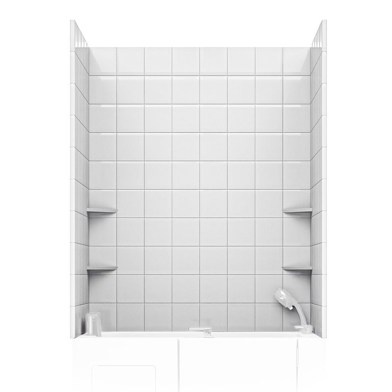 Rampart Series 60 In. W X 60 In. H 2-Piece Glue-Up Acrylic Shower Wall Set In White With 6 In. Square Tile Design