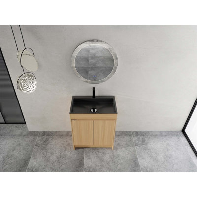 Meuble-lavabo autoportant avec lavabo en acier inoxydable et porte à fermeture en douceur, solution de rangement écologique et élégante