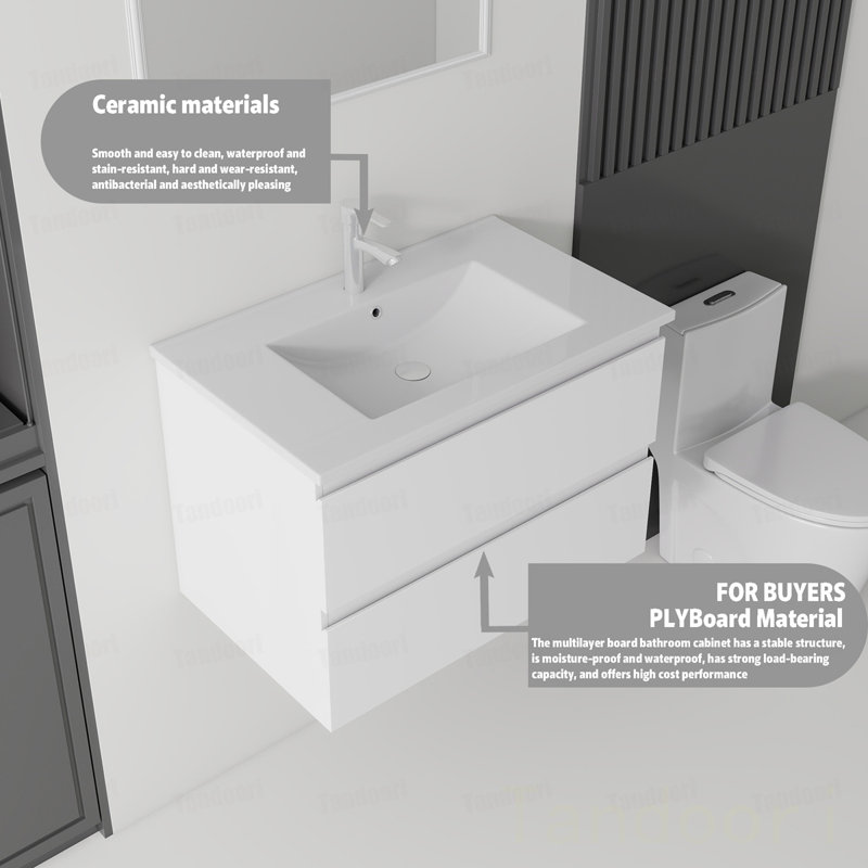 Meuble-lavabo flottant avec lavabo, tiroir à fermeture en douceur, lavabo en céramique, contreplaqué