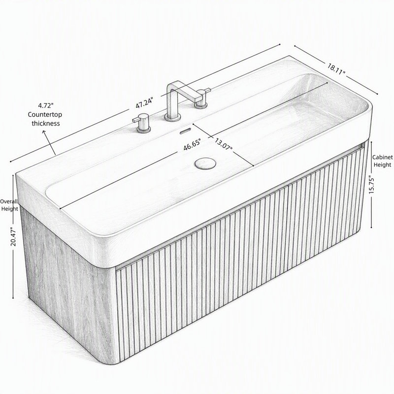 Meuble-lavabo suspendu avec lavabo intégré en surface solide et fini chêne pour des solutions de rangement modernes, 47" W