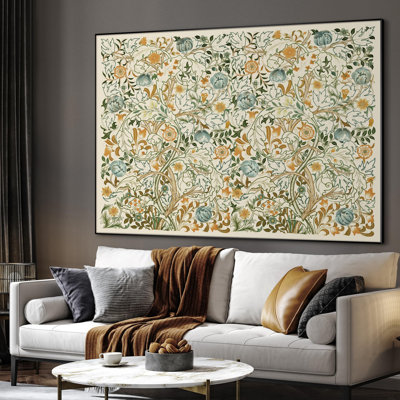 Très grande reproduction d'art sur toile - Floral rétro avec feuilles dorées et bleu sarcelle, illustration élégante de la nature pour le salon ou la chambre à coucher - «Assemblage requis du cadre (cadre non fini)»