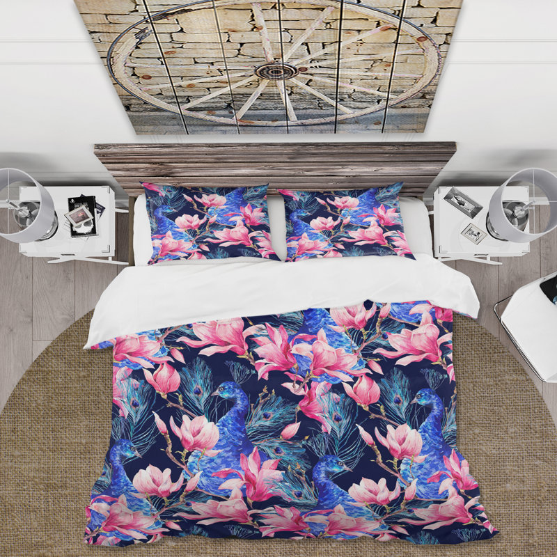 Raifah paon et fleurs de magnolia rose I - ensemble de housse de couette traditionnel - microfibre de polyester