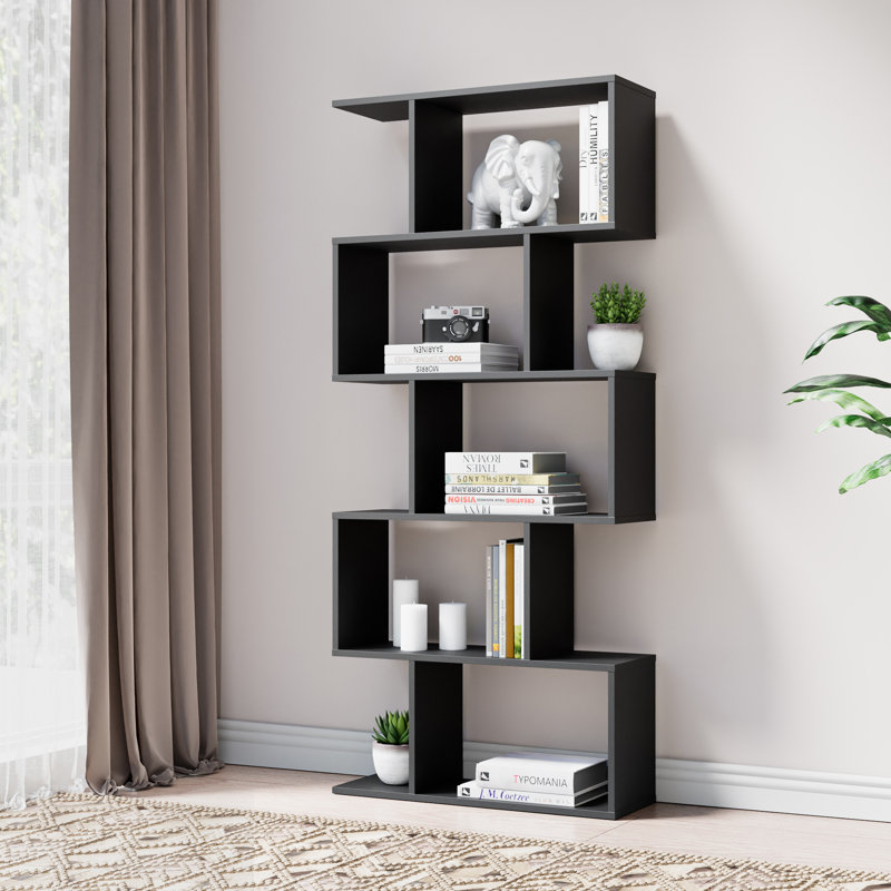 62.6" H Geometric Bookcase 5 Tier S-Shaped Room Divider Bookshelf, Black