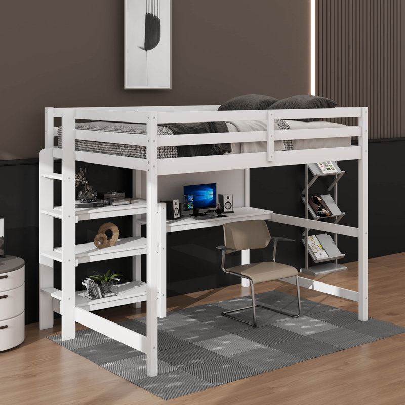 Lit mezzanine simple avec tablettes, bureau et tableau d'écriture, Blanc