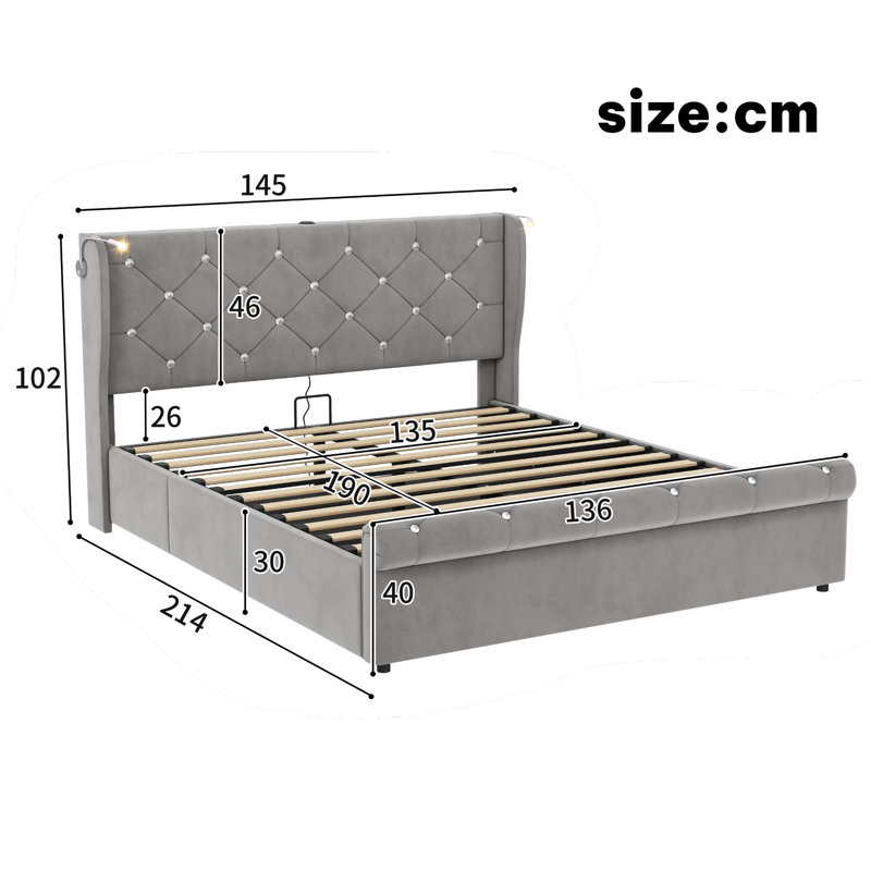 Upholstered Ottoman Storage Bed, Double (4'6), Grey