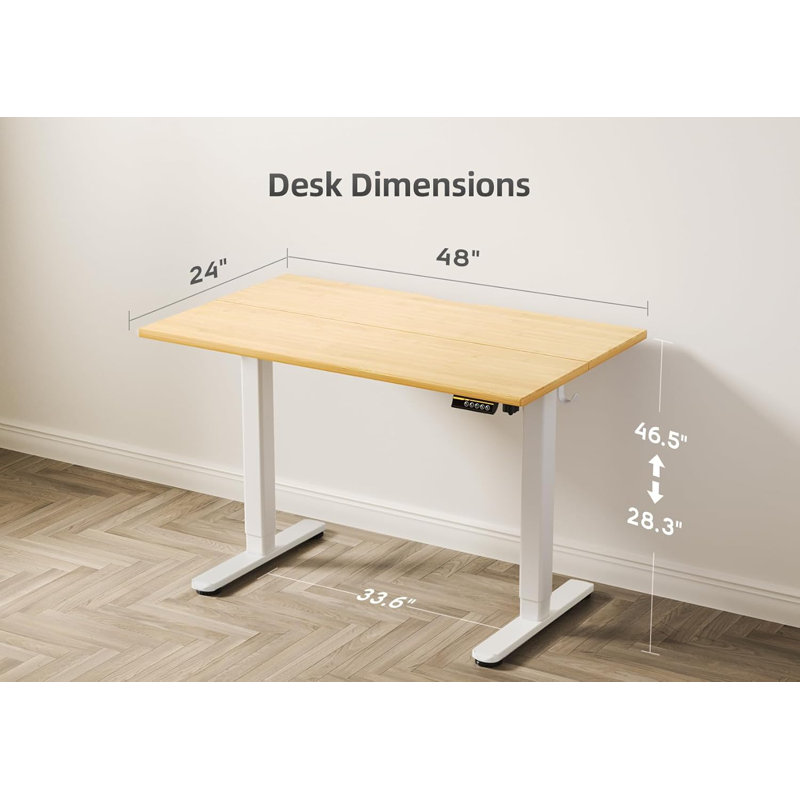 Bureau debout électrique à hauteur ajustable avec crochets, H 46,5 po x l 48 po x P 24 po, Bambou / blanc