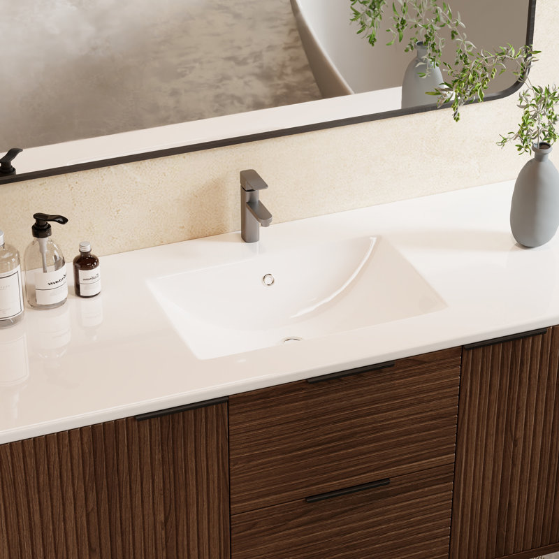 Meuble-lavabo autoportant de 47 po avec plateau en pierre frittée blanche, armoire en bois massif multicouche avec deux tiroirs et deux armoires, tablette ouverte