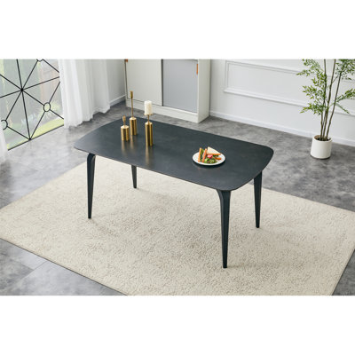 Table de salle à manger rectangulaire moderne, plateau de table en pierre frittée de qualité supérieure avec base en métal robuste, table de cuisine et de salle à manger résistante à la chaleur et aux égratignures (Vic foncé, 1 table)