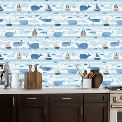 Peel and Stick Wallpaper Seamless Nautical Ocean Boats Sailboats Whales Fish Seagulls Soft Contact Paper Removable Self Adhesive Wall Mural Wall Decor for Bedroom Kitchen Cabinets 24in x 118in