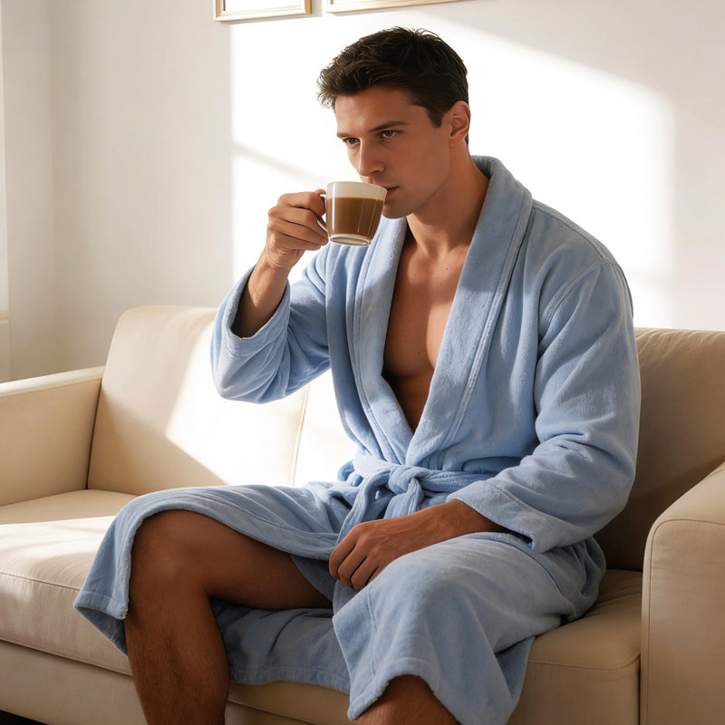 100% Cotton Terry Bathrobe（Lightblue）, Light Blue