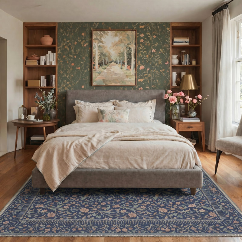 Tapis d'intérieur bleu floral lavable à la machine avec envers antidérapant Auraflora, Rectangle 84 po x 60 po