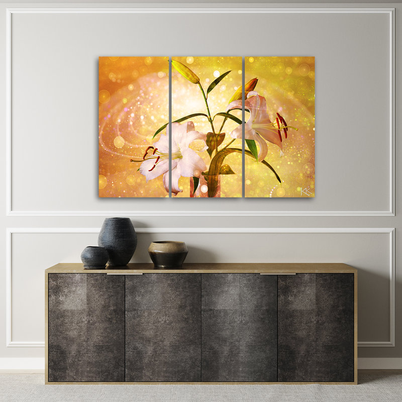 Lily On A Yellow Background - 3 Piece Wrapped Canvas Print Set, 80cm H x 120cm W
