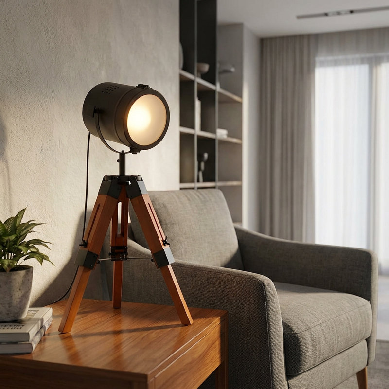 Vintage Adjustable Tripod Spotlight Floor & Table Lamp, Industrial Steampunk Cinematic Accent Light with Swivel Head, Height Adjustable 20.87"–24.80", Wooden Base, E26 Bulb Compatible (Bulb Not Included)