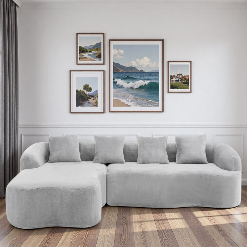 Canapé modulaire en L en chenille à compression complète avec méridienne courbée et coussins, Tissu gris