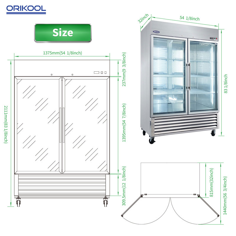 Fennel 54 Inch Glass Door Display Refrigerator 49 Cu Ft Stainless Steel Swing Door Reach-In Merchandiser with LED Lighting and Adjustable Shelves
