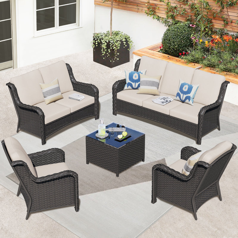 7 - Person Outdoor Seating Group With Cushions, Brown, Navy Blue