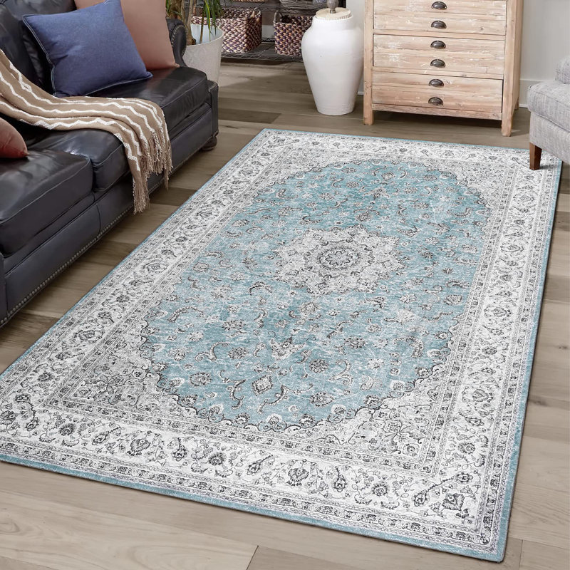 Rectangle Floral Washable Area Rug, Blue, Runner 60 x 230 cm