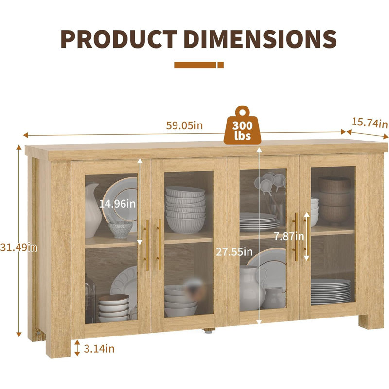 Buffet avec portes en verre trempé, crédence de 31,5 à 59 po pour le salon et la salle à manger, Beige