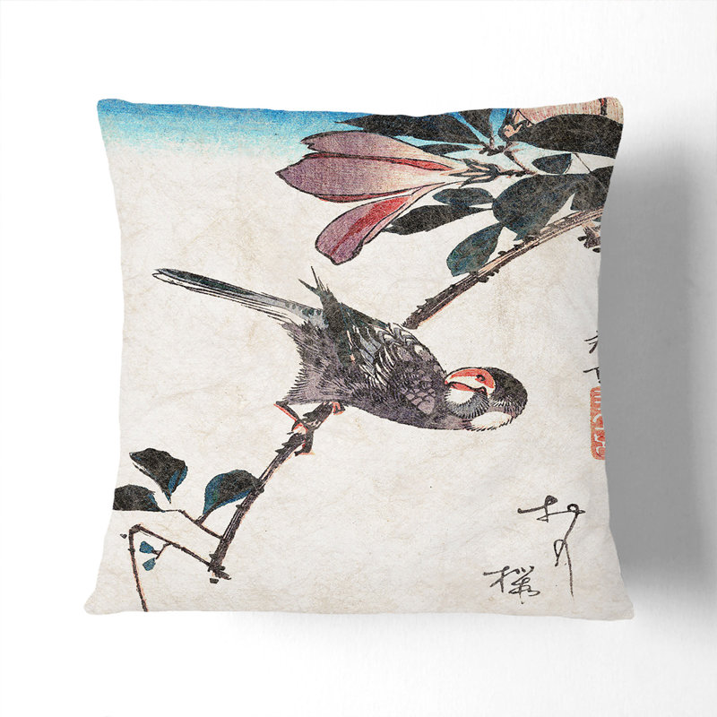 Bird And Magnolia Flowers Square Throw Cushion, Black, 40 x 40 cm