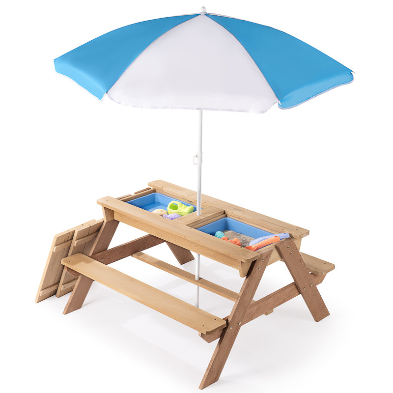 Table de pique-nique pour enfants en bois naturel avec parasol 3 en 1