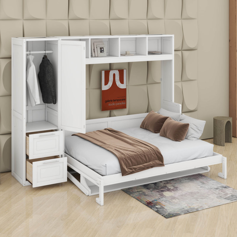 Grand lit escamotable avec placard et tiroirs, Blanc