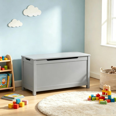 31.5 Inch Grey Wooden Toy Storage Chest Bench with Safety Hinge Flip-Top Storage Trunk, Multi-Purpose Storage Ottoman Box by Rebrilliant