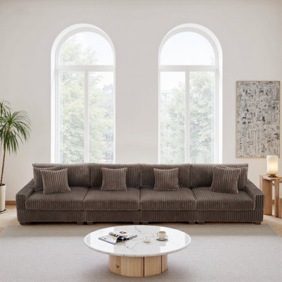 4 - Piece Upholstered Light Brown Faux Rabbit Fur Flannel Modular Sectional Sofa with Armrests & Throw Pillows