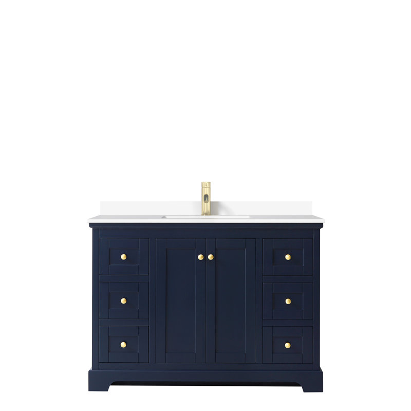 Avery 48'' Single Bathroom Vanity with Marble Top, White Cultured Marble, Dark Blue, Brushed Gold