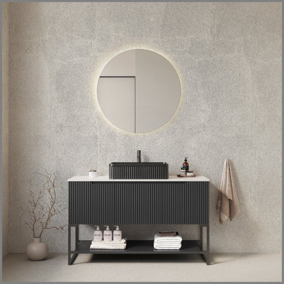 Meuble-lavabo de salle de bain 48 po, armoire de rangement autoportante avec 3 portes et tablette ouverte, lavabo rectangulaire en céramique noire et comptoir en pierre frittée blanc de Carrare, noir