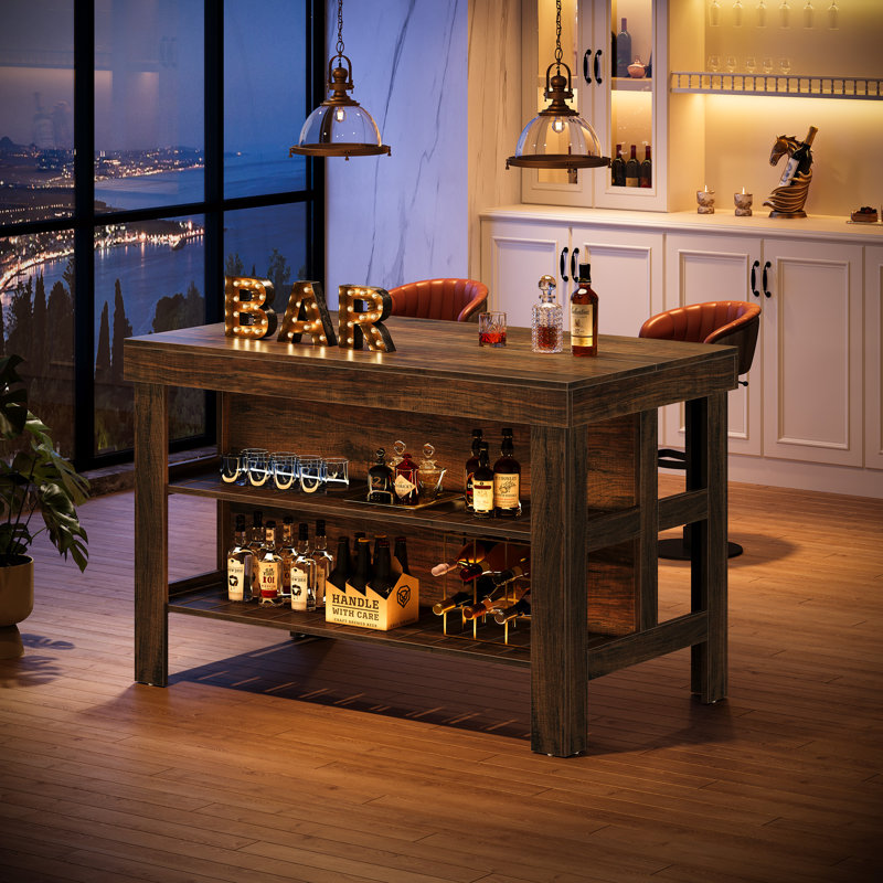 Table de bar à la maison avec tablettes de rangement, armoire de bar de ferme pour la salle à manger de cuisine, Brun foncé