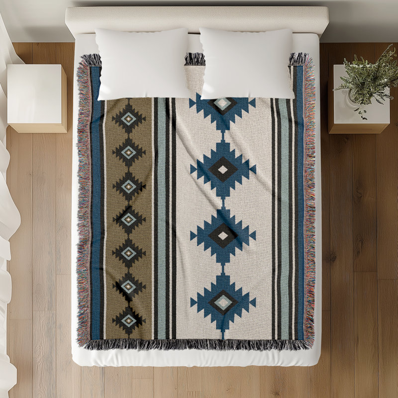 Couverture en mélange de coton Carlos South Western, L 60 po x l 60 po, Bleu / noir / or terne / blanc cassé
