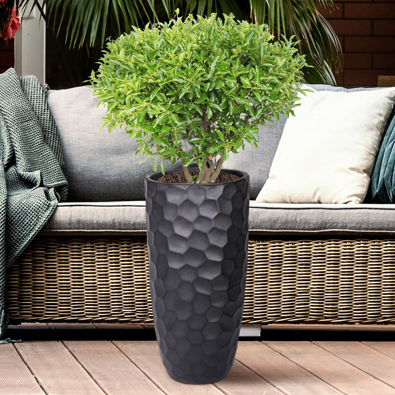 Concrete Effect Tall Planter, Large Frostproof Outdoor Plant Pot, Tall Garden Planter with Drainage Holes, Black Vase Round Plant Pot with Mosaic Pattern