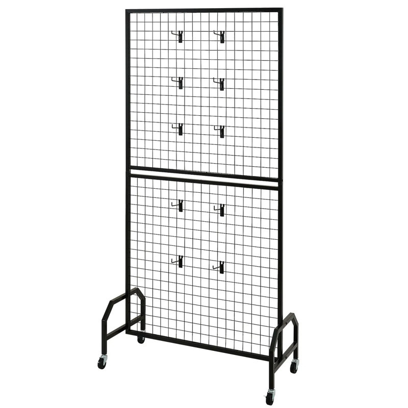 Support d'affichage mural Grid - Acier au carbone noir mobile avec roues et crochets, multifonctionnel pour matériel de décoration