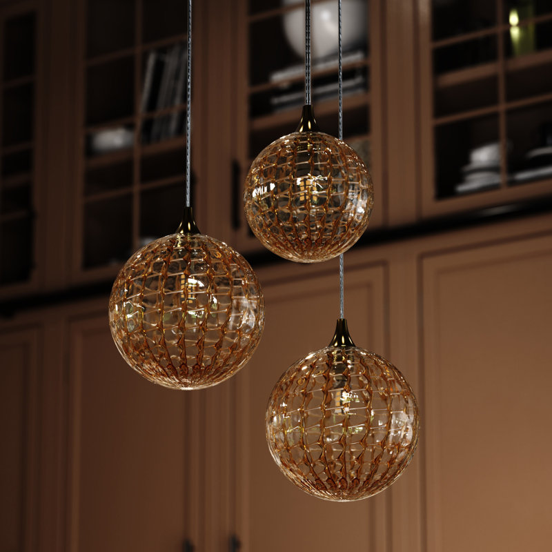 Lustre globe en verre soufflé à la main 3 lumières Breeze AMBER, Laiton