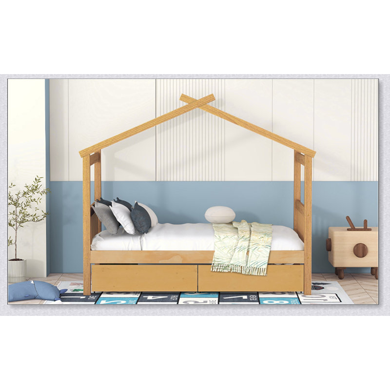 Wooden House Bed With Drawers, Naturel, Lit simple