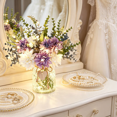 Fake Flowers in Vase with Lights, Artificial Dahlia Flower Arrangement Centerpiece for Home Dining Room Farmhouse Decor, Faux Purple Flowers with Glass Vase and Wooden Heart Tag