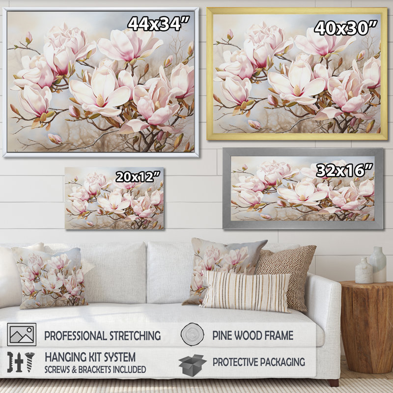 «Magnolias On The Beach I», reproduction sur toile, Cadre flottant blanc, 24" H x 32" W