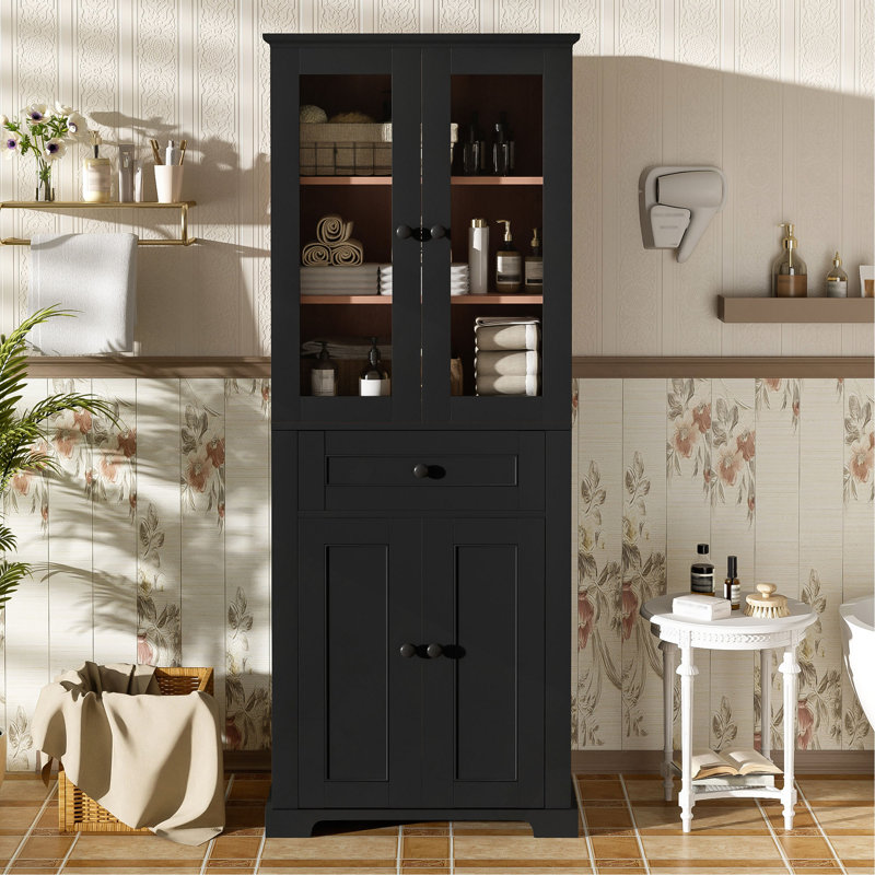 Armoire de rangement de 67,57 po de hauteur avec portes en verre trempé, tablettes réglables et tiroir - tour à linge autoportante moderne, conception à fermeture en douceur