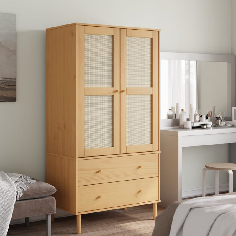Nahyla Wardrobe "SENJA" Rattan Look 90x55x175 cm Solid Wood Pine, Brown