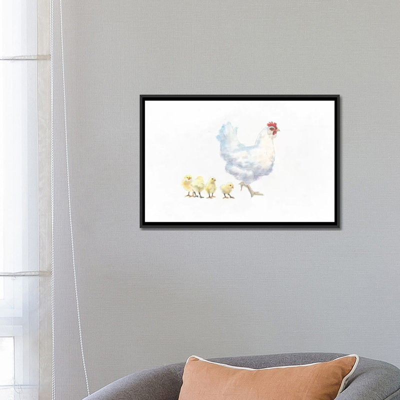 «Hen and Chickens», impression sur toile tendue, H 18 po x l 26 po x P 1,5 po, Toile avec cadre noir, Pas de tapis