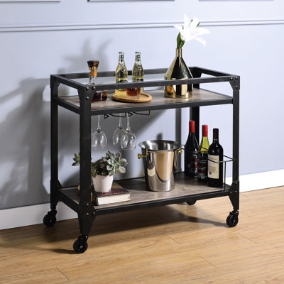 Rustic Oak And Charcoal Serving Cart With Spacious Shelf Area Wine Organizer Industrial Style Two Shelves, Holder, Easy