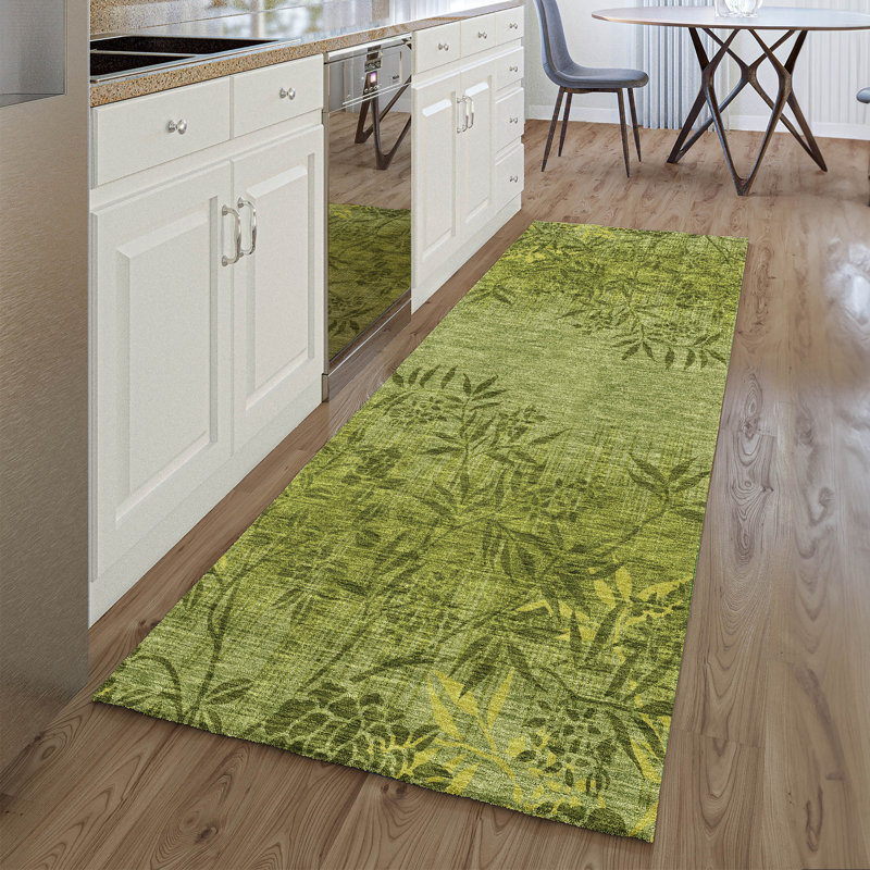 Premium Machine Washable Prisco Olive Rug, Runner 2'3" x 7'6"