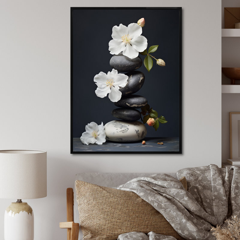 Décoration murale zen sérénité fleurs blanches pierre noire Cairn I - Pierre spirituelle, H 32 po x l 24 po x P 1 po