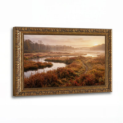 Misty Autumn Marsh Path at Golden Sunrise Canvas Wall Art