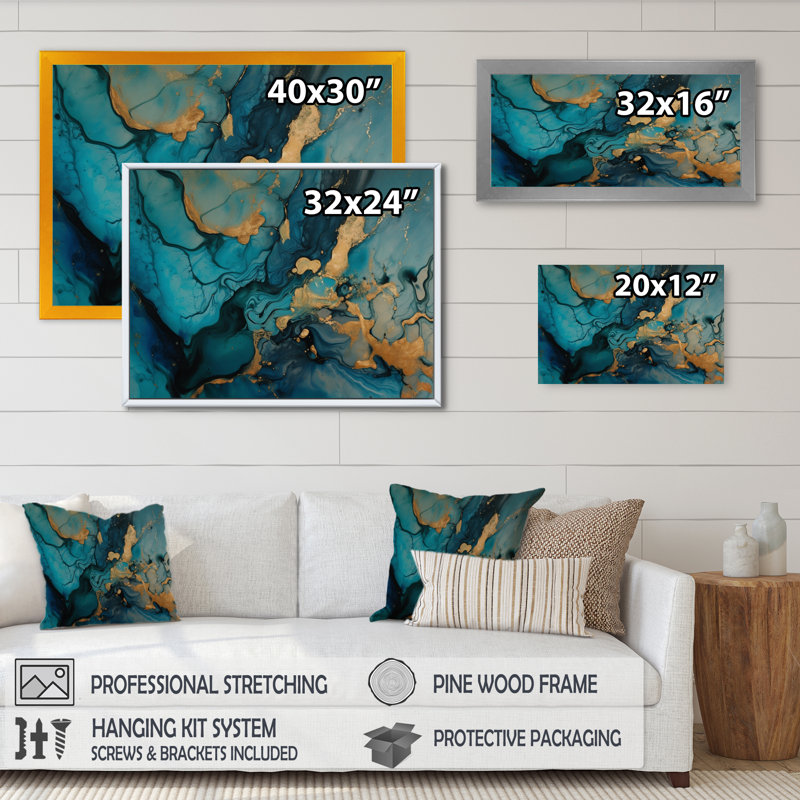 Bleu et or hypnotisant marbre abstraction III - impression, Cadre photo noir, H 12 po x l 20 po x P 1 po